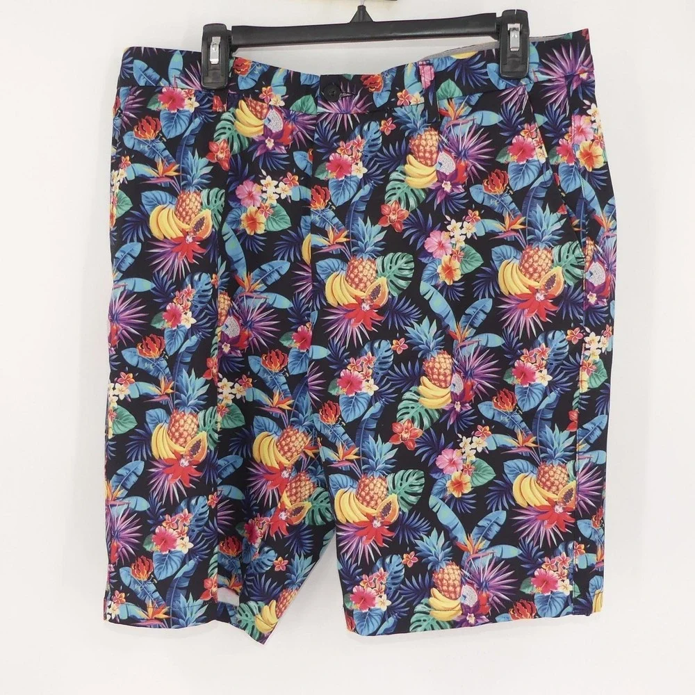 Hreski Shorts Mens Large 36 Multicolor Tropical Fruit‎ Floral Polyester Stretch